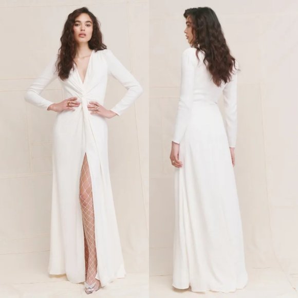 Reformation Gatsby Maxi Dress Ivory Sz 6 Thigh-high Slit Full Length Deep V-Neck